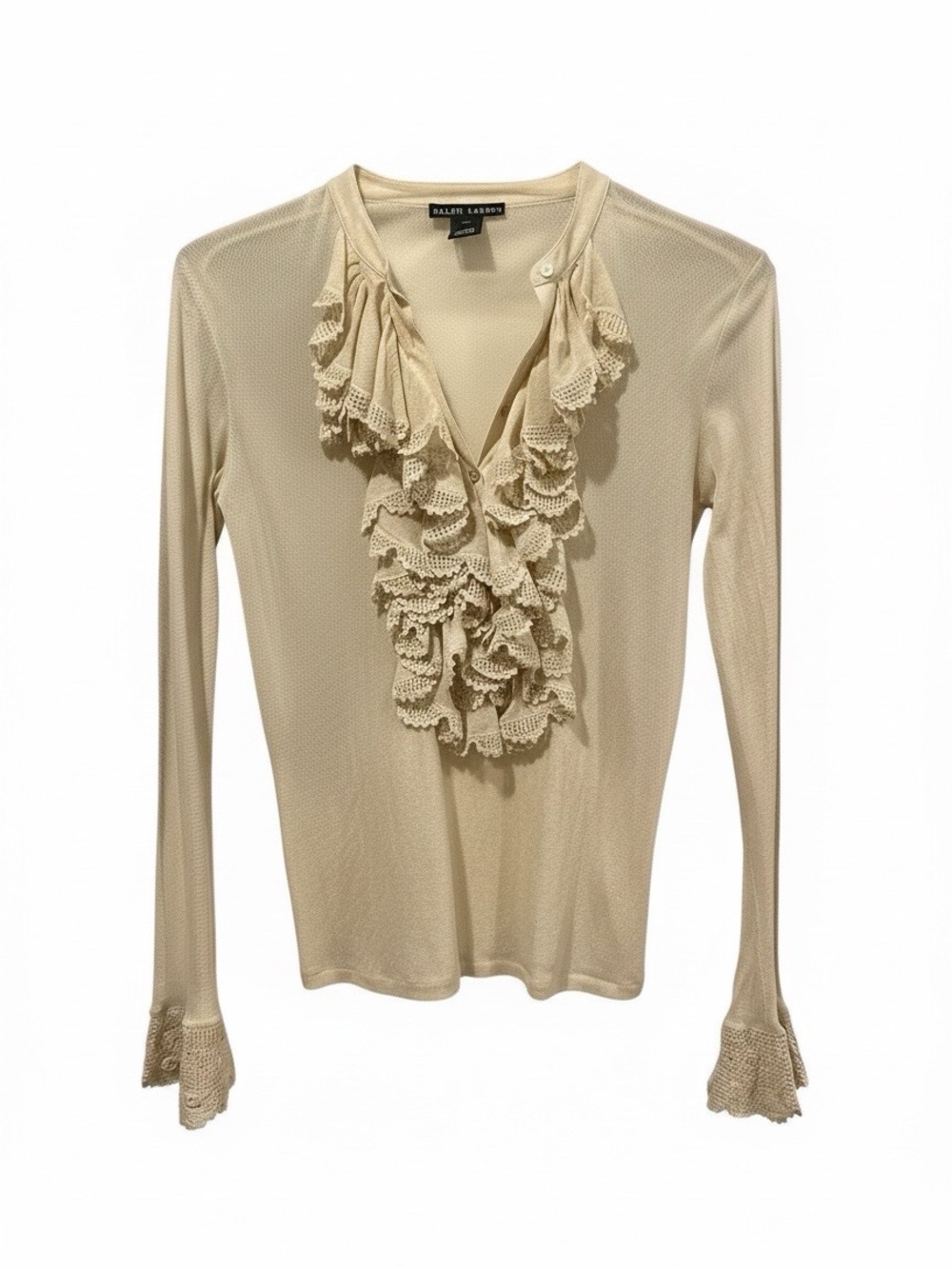 Ralph Lauren Black Label Cream Ruffle V-Neck Long Sleeve Top